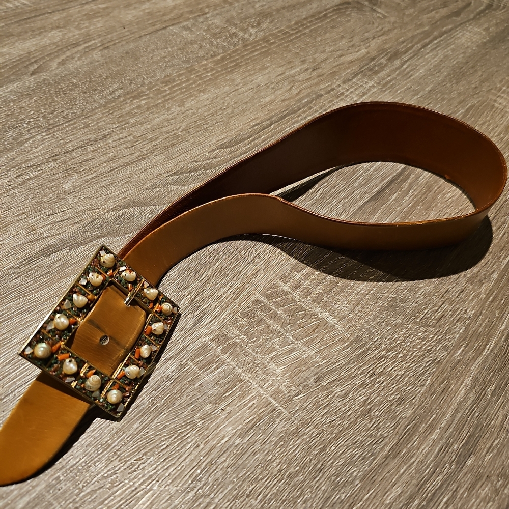 Calderon Vintage Leather Belt with Beaded Buckle – Size 26